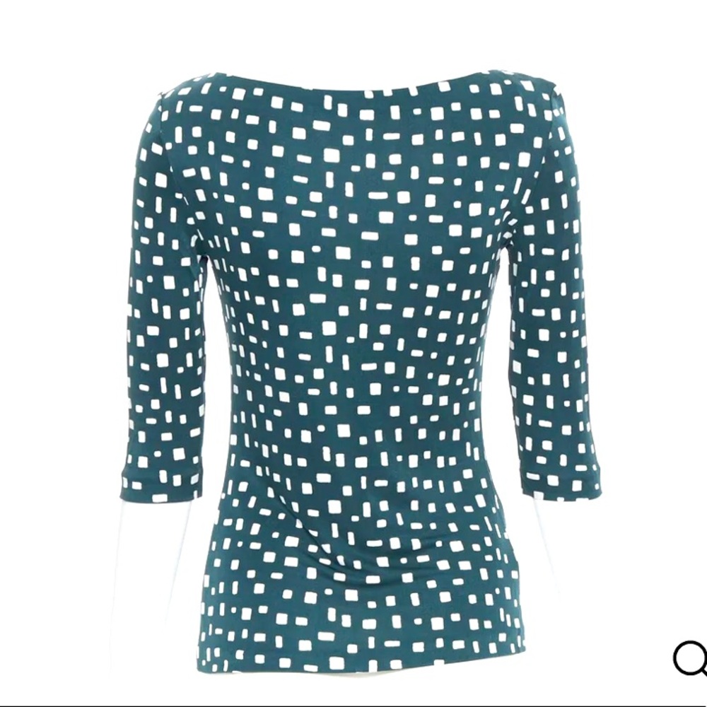 PRADA green geometric print 100% silk 3/4 sleeve boat neck top IT40.